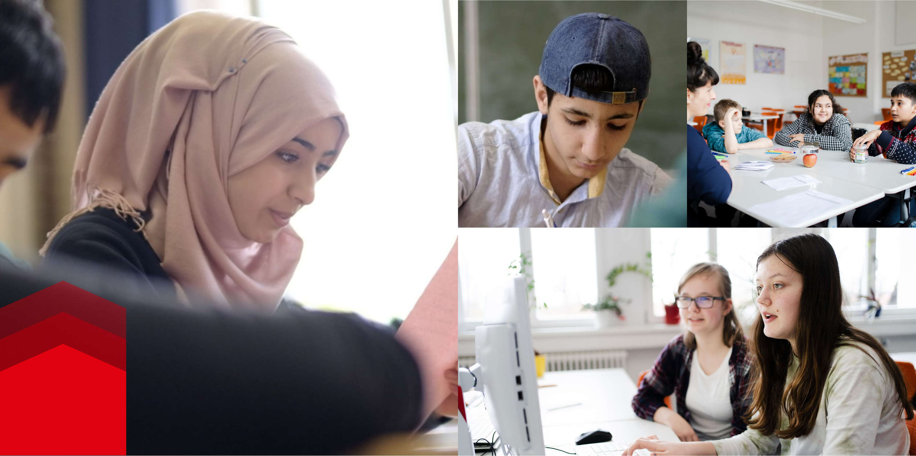 Kolaż zdjęć z dziećmi z różnych narodów w szkole