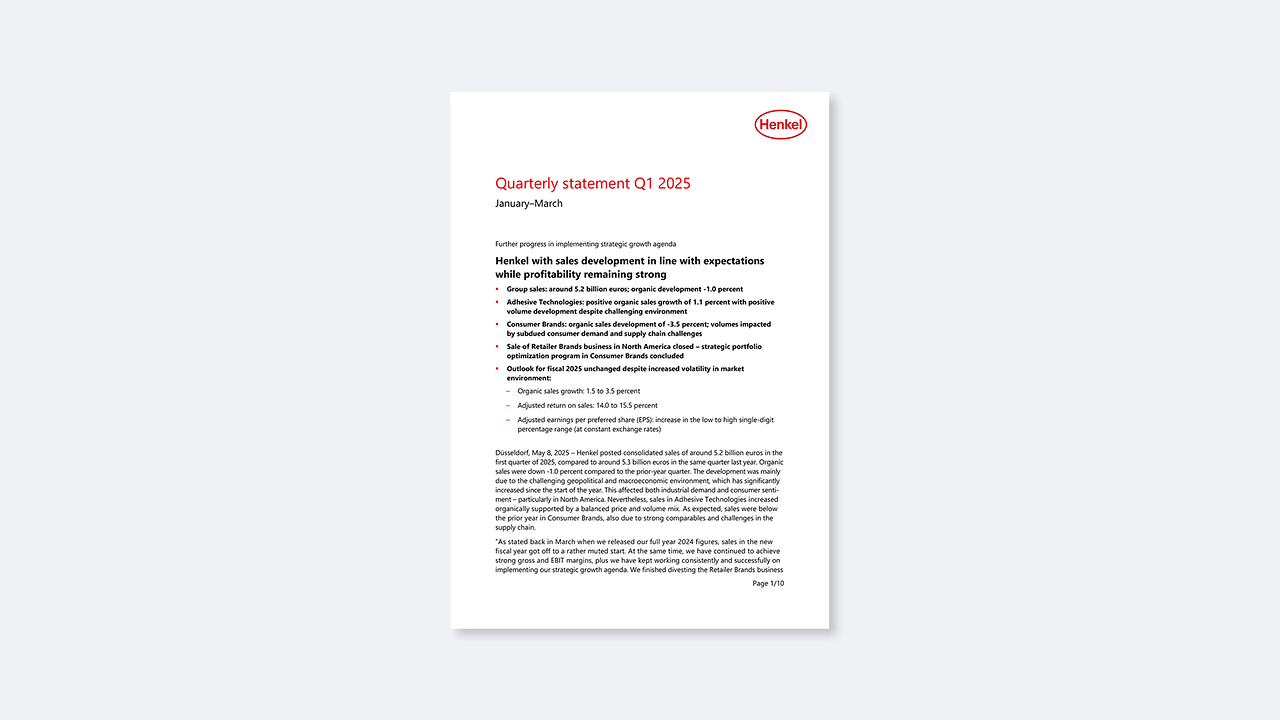 Henkel with sales development in line with expectations while profitability remaining strong