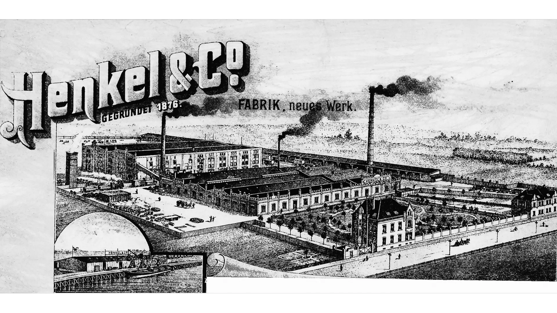 Papier firmowy Henkla z ilustracją zakładu w Holthausen oraz fragmentem portu Reisholz w lewym dolnym rogu.