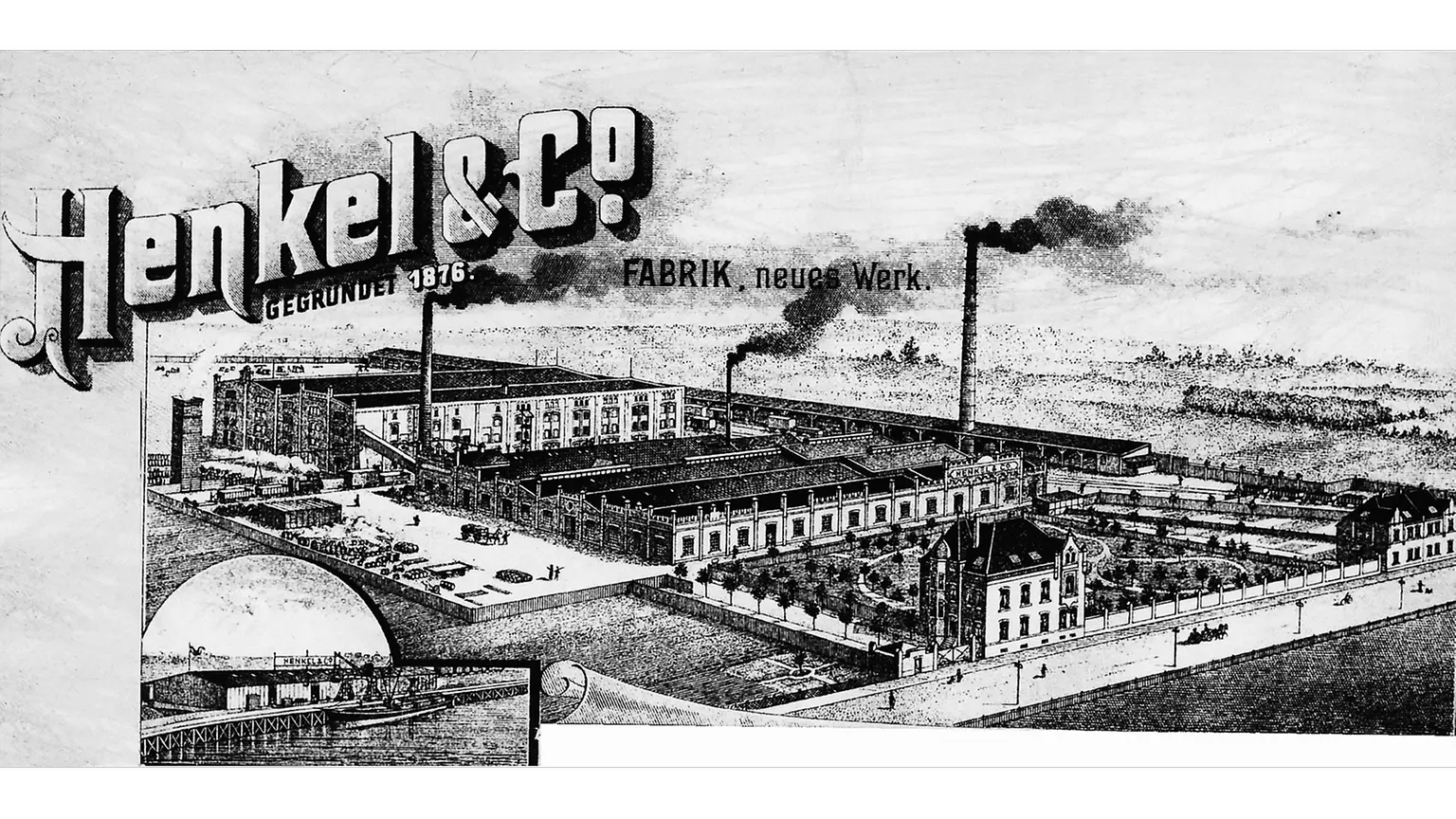 Papier firmowy Henkla z ilustracją zakładu w Holthausen oraz fragmentem portu Reisholz w lewym dolnym rogu.
