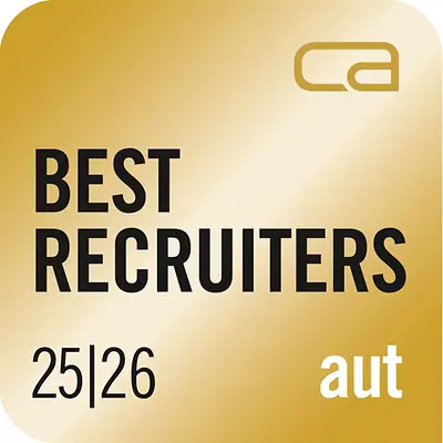 Złota odznaka Best Recruiters Austria 25/26, która jest wyrazem uznania dla doskonałości marki Henkel w zakresie jakości rekrutacji i doświadczenia kandydatów.