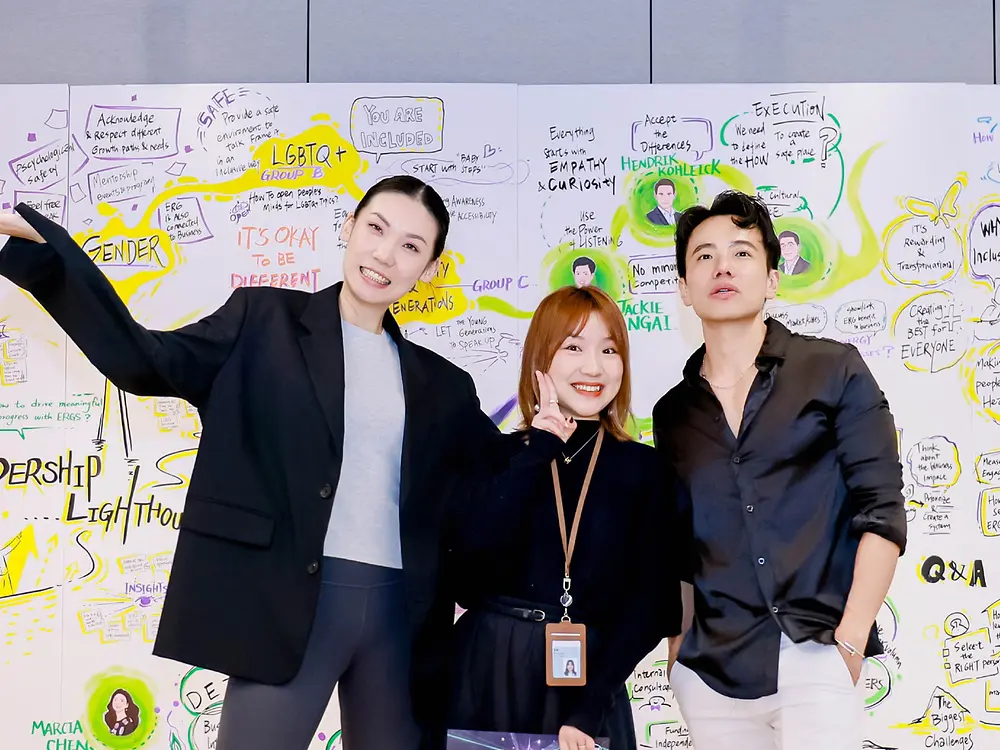 Three employees posing in front of illustrated workshop wall highlighting inclusion, ERG initiatives, and leadership themes