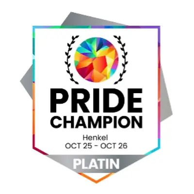 Odznaka Pride Champion Platin 2025–2026, która jest wyrazem uznania dla zaangażowania marki Henkel w integrację i równość osób LGBTQ+ w miejscu pracy.