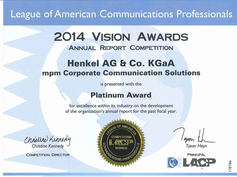 
Eine Spitzenposition: Die League of American Communication Professionals (LACP) zeichnete bei den „Vision Awards“ den Henkel-Geschäftsbericht 2014 mit „Platin“ aus.